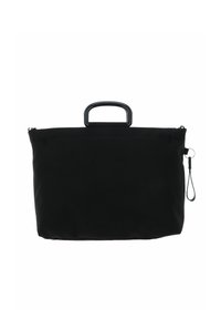 Sac fourre-tout noir à surface texturée, avec une anse supérieure et une fermeture éclair. Comprend une petite boucle pour fixer des accessoires.
