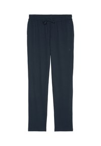 Navy blue sweatpants made of soft fabric. Features an elastic waistband with a drawstring and a logo on the lower left leg.