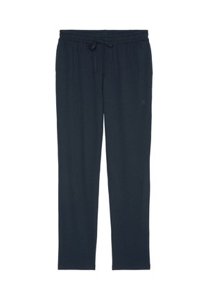 Navy blue sweatpants made of soft fabric. Features an elastic waistband with a drawstring and a logo on the lower left leg.