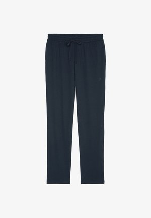 Navy blue sweatpants made of soft fabric. Features an elastic waistband with a drawstring and a logo on the lower left leg.