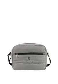 Borsa a tracolla grigia imbottita con zip nera, dettaglio del logo sulla parte anteriore, tracolla regolabile e texture liscia. Contiene un compartimento principale e una tasca frontale.