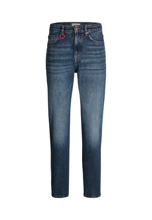 Donkerblauwe denim jeans met een vervaagd effect, met een klassieke rechte snit, een knoopsluiting en een rode accentring op de tailleband.