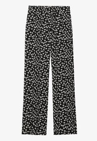 Pantalon noir à jambes larges avec un motif floral de marguerites blanches. Confectionné en tissu doux, il possède une ceinture élastique pour plus de confort.