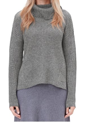 Grauer Strickpullover mit einem Schalkragen, strukturiertem Muster, langen Ärmeln und einem leicht geschwungenen Saum. Hergestellt aus weichem, warmem Material.