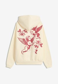 Cream hoodie with red winged cherubs and roses printed on the back.