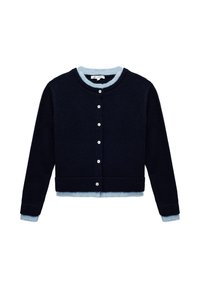Dunkelblaues Cardigan mit rundem Halsausschnitt, hellblauen gerippten Akzenten und fünf weißen Knöpfen. Weiche Stricktextur mit langen Ärmeln.