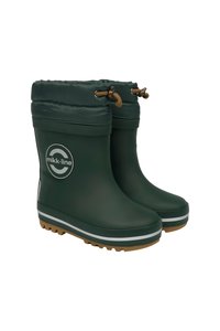 Groene rubberen regenlaarzen met een gestructureerde donkergroene bovenkant, een aangesnoerde rand, een bruine koord en een lichtbruine rubberen zool. Zilveren logo aan de zijkant.