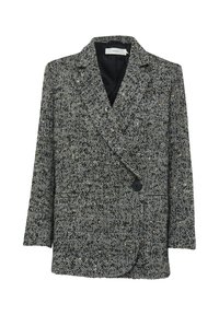 Houndstooth raksta žakete melnā, baltā un brūnā krāsā. Ar dubulto piegriezumu, plašiem jostām un priekšējām kabatām. Gluda faktūra.