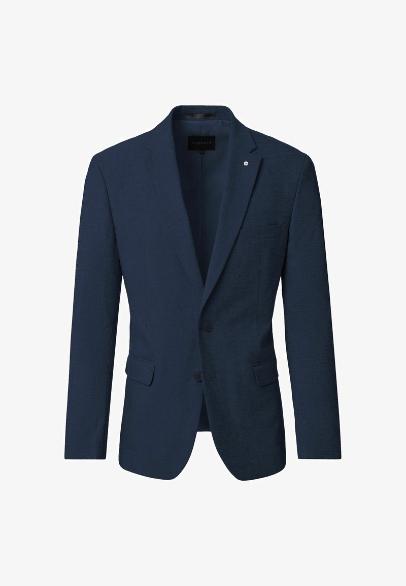 Navy blue structured blazer made of textured fabric, featuring a notched lapel, two buttons, and side pockets. Lining visible inside.