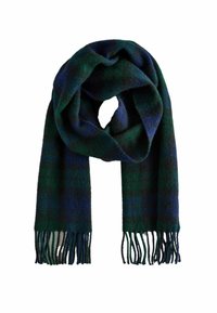 Grün und marineblauer karierter Schal aus weicher Wolle, mit gefransten Rändern und einem gemütlichen Fall. Ideal für Wärme und zum Schichten bei kühlerem Wetter.