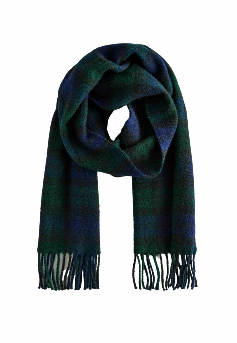 Grün und marineblauer karierter Schal aus weicher Wolle, mit gefransten Rändern und einem gemütlichen Fall. Ideal für Wärme und zum Schichten bei kühlerem Wetter.