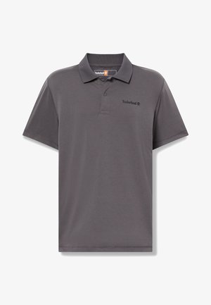 Donkergrijze Timberland polo met korte mouwen, kraag en twee knopen, Timberland-logo op de linkerborst en aan de binnenkant van de kraag.