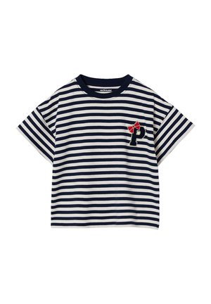 Navy and white horizontal striped short-sleeve t-shirt with black letter "P" and red bow detail on the chest.
