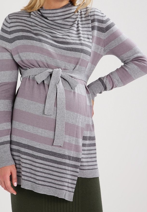 Striped maternity sweater in light purple and gray, featuring a cowl neck, long sleeves, and a tied waist for a fitted look.