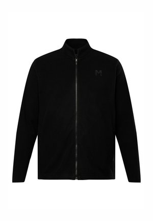 Schwarze Fleecejacke mit Reißverschluss und hohem Kragen, mit einem geprägten Logo auf der linken Brust und Seitentaschen. Glatte Textur, lässiges Design.