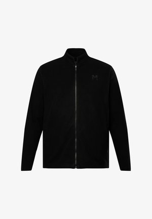 Czarna polarowa kurtka na zamek z wysokim kołnierzem, z wytłoczonym logo na lewej piersi i bocznymi kieszeniami. Gładka faktura, casualowy design.