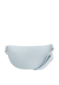 Borsa in pelle di colore azzurro chiaro con forma curvata, finitura testurizzata e tracolla staccabile. Presenta dettagli in metallo argentato.