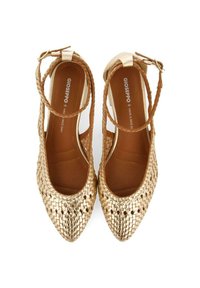 Zapatos planos de oro trenzados con puntera afilada, cinta en el tobillo y un interior suave de color marrón claro. Presentan un diseño texturizado y trenzado en el exterior.