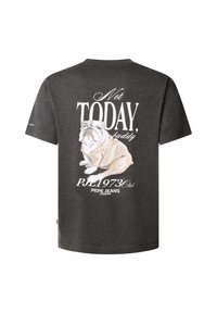 Koolgrijze katoen T-shirt met een bulldog illustratie, met witte tekst "Niet VANDAAG, maatje," en het Pepe Jeans logo onderaan.