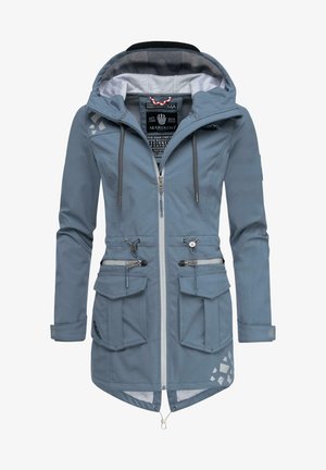 Light blue waterproof jacket with a hood, zip front, multiple pockets, and reflective accents. Features a soft inner lining and adjustable drawstrings.