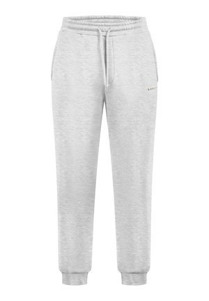 Pantalones de chándal gris claro fabricados con una suave mezcla de algodón, que cuentan con una cinturilla elástica con cordón y puños acanalados en los tobillos.