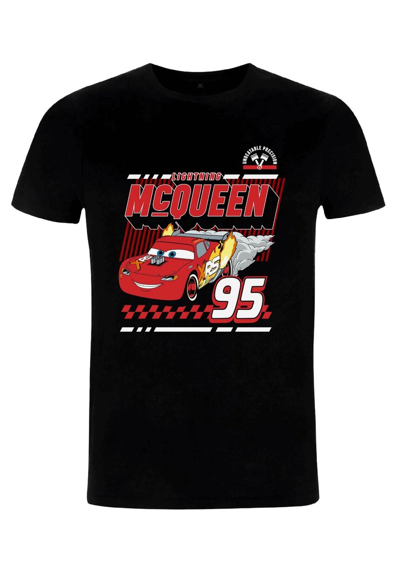 Černé bavlněné tričko s grafikou červeného závodního auta "Blesk McQueen" se číslem 95, plameny a kostkovaným vzorem.