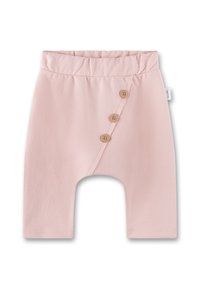 Helle rosa Hose aus weichem Stoff mit einem gerafften Bund und drei Holzknöpfen an der Seite. Hat weite Beinöffnungen.