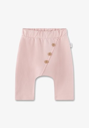 Helle rosa Hose aus weichem Stoff mit einem gerafften Bund und drei Holzknöpfen an der Seite. Hat weite Beinöffnungen.