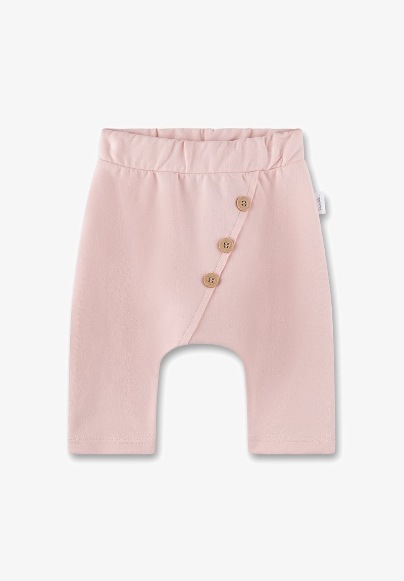 Light pink pants made of soft fabric with a gathered waistband and three wooden buttons on the side. Features wide leg openings.