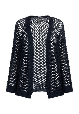 Marineblaues offenes Strickcardigan aus weicher Wolle, mit lockerer Passform, weitem Ärmel und einem strukturierten, atmungsaktiven Design.