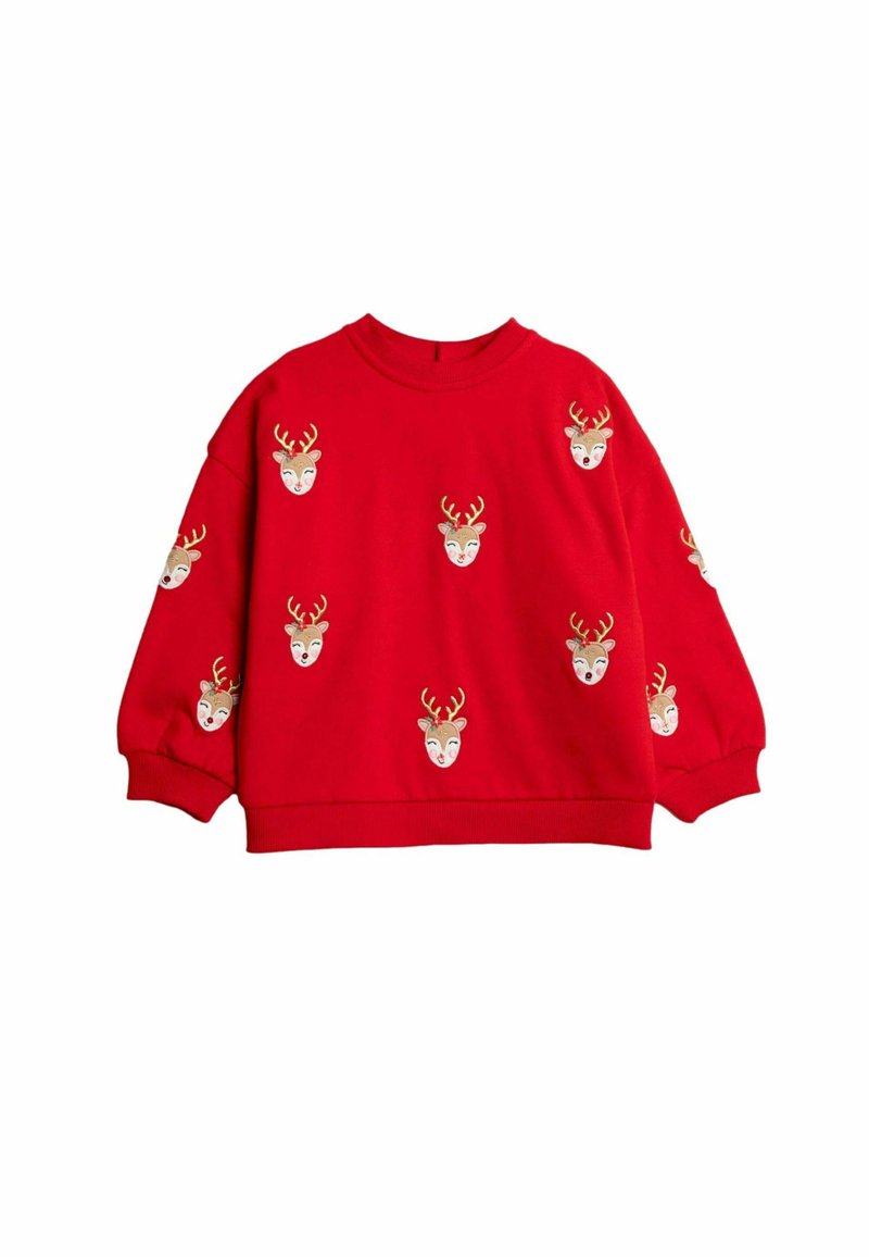Sweatshirt roșu cu fețe de ren brodate, cu coarne, mâneci lungi și un design clasic cu guler rotund. Textură moale și croială lejeră.