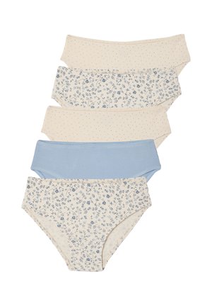 Five women's cotton underwear in blue, cream, and floral patterns, arranged in a vertical stack on a white background.