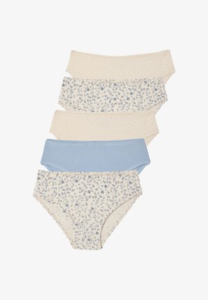 Five women's cotton underwear in blue, cream, and floral patterns, arranged in a vertical stack on a white background.