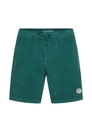 Grüne Cord-Badeshorts mit elastischem Bund, Kordelzug und einem runden Markenaufnäher auf der unteren rechten Seite.