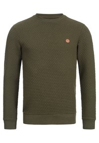 Sudadera verde caqui con un patrón texturizado, escote redondo y puños de canalé. Presenta un pequeño parche de logo marrón en el pecho.