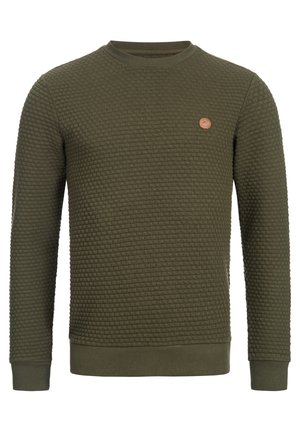 Kaki-grön sweatshirt med en strukturerad mönster, rund halsringning och ribbade ärmavslut. Har en liten brun logotyp-patch på bröstet.