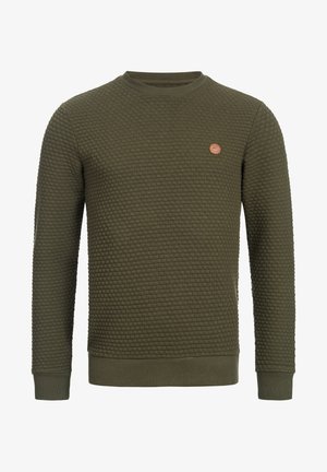 Khaki green sweatshirt with a textured pattern, round neckline, and ribbed cuffs. Features a small brown logo patch on the chest.