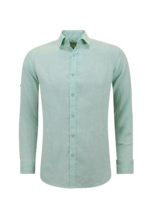 Mintgroene blouse met lange mouwen en een button-down kraag, met een soepele textuur en bijpassende knopen langs de voorkant en de manchetten.