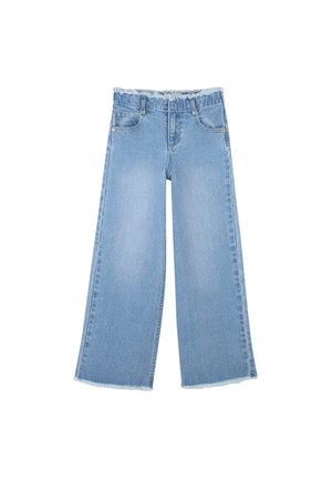 Jean large bleu clair en denim, avec un ourlet effiloché et des poches avant avec quincaillerie en métal.