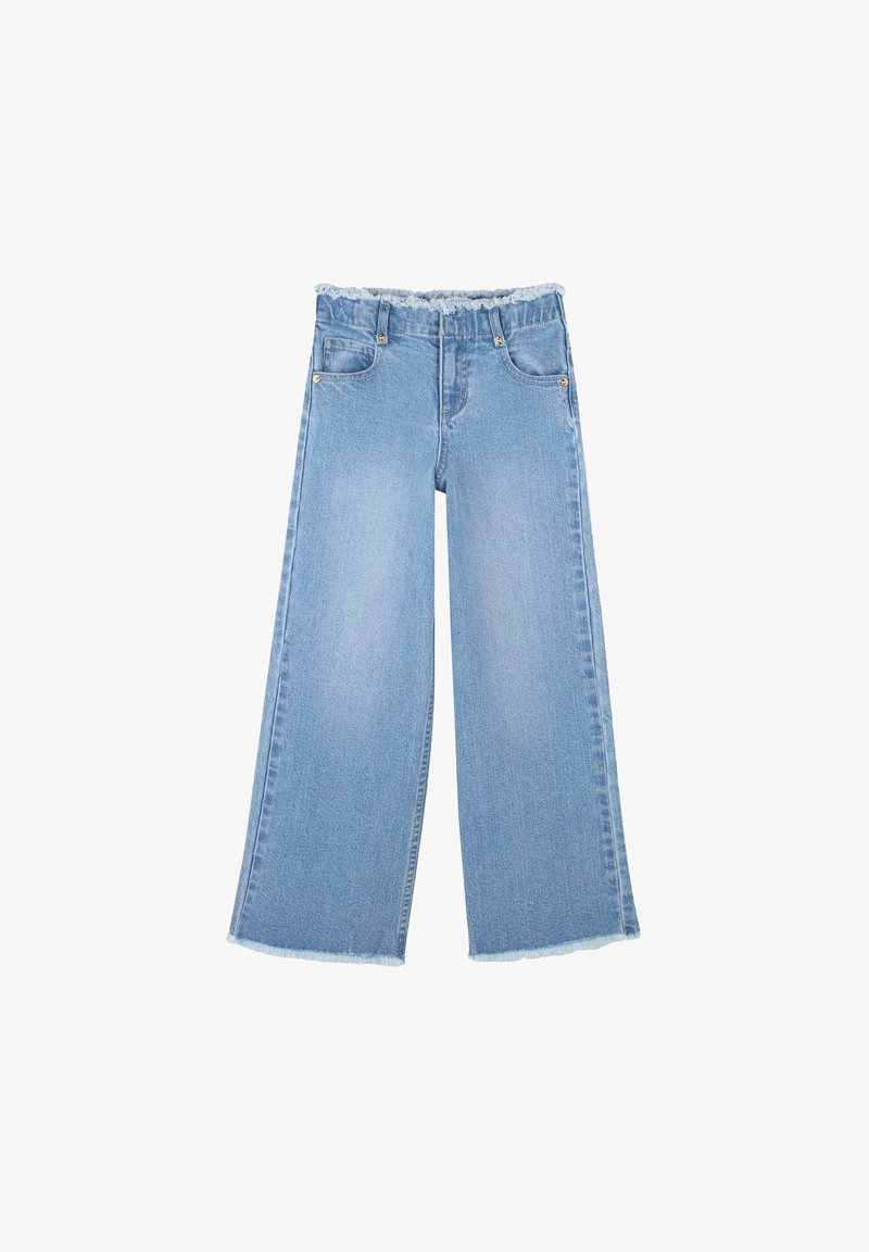 Jean large bleu clair en denim, avec un ourlet effiloché et des poches avant avec quincaillerie en métal.