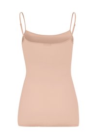 Beżowy podkoszulek na ramiączkach, wykonany z miękkiego, elastycznego materiału. Charakteryzuje się dopasowanym krojem i okrągłym dekoltem. Brak widocznych wzorów lub akcentów.