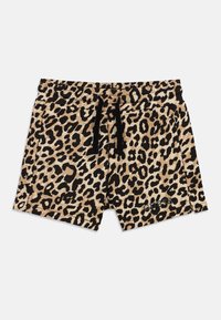 Shorts imprimé léopard en tissu beige et noir, dotés d'une taille élastique avec cordon de serrage et poches latérales. Aucun détail de quincaillerie visible.