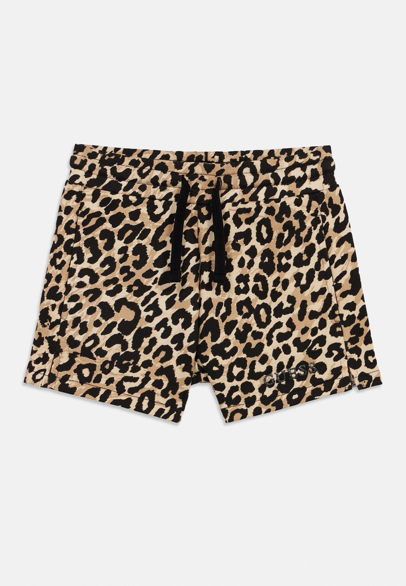Shorts imprimé léopard en tissu beige et noir, dotés d'une taille élastique avec cordon de serrage et poches latérales. Aucun détail de quincaillerie visible.
