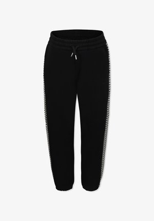 Pantalons de survêtement noirs avec une taille élastique et un cordon de serrage, dotés de panneaux latéraux à motif pied-de-poule blanc. Design ajusté aux chevilles.