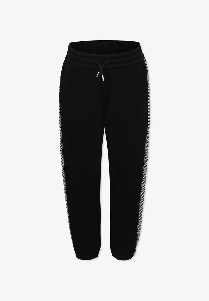 Pantalons de survêtement noirs avec une taille élastique et un cordon de serrage, dotés de panneaux latéraux à motif pied-de-poule blanc. Design ajusté aux chevilles.