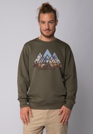 Olivenfarbener Sweatshirt mit einem Bergmotiv in Blau-, Braun- und Orangetönen, rundem Halsausschnitt und gerippten Bündchen.