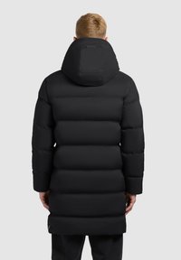 Black puffer jacket with a large hood and sectioned design. Features a smooth, shiny texture and reaches mid-thigh. Simple and functional.
