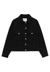 Zwarte spijkerjasje met een cropped ontwerp, zilverkleurige drukknoopsluitingen, twee borstzakken en een klassieke kraag. Heeft een gladde, stevige textuur.