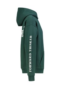 Grüner Hoodie aus weichem Stoff mit Kängurutasche, gerippten Bündchen und weißem Schriftzug „FORWARD THINKER“ entlang des Ärmels.
