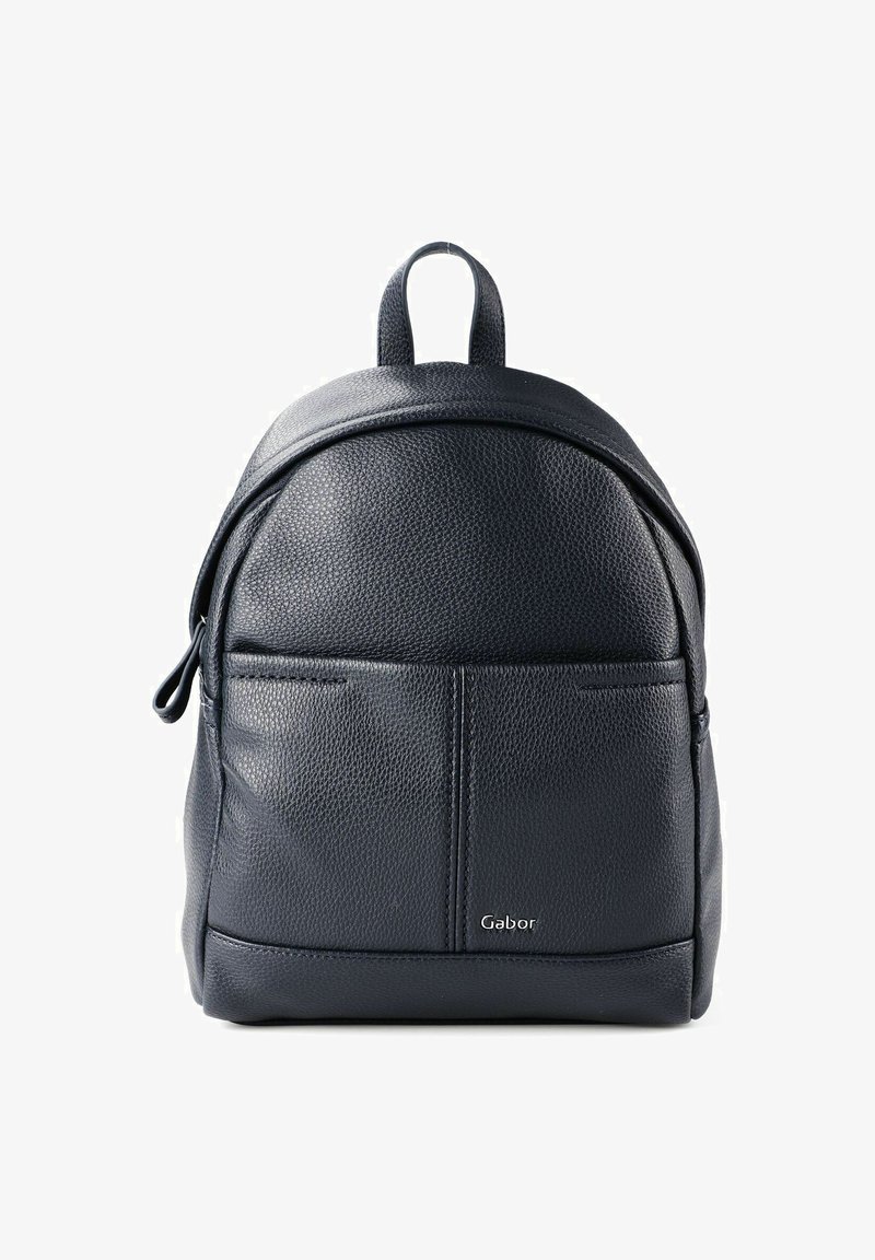 Sac à dos en cuir noir texturé avec poche avant, poignée supérieure, fermeture éclair et petit logo "Gabor" sur le panneau avant inférieur.